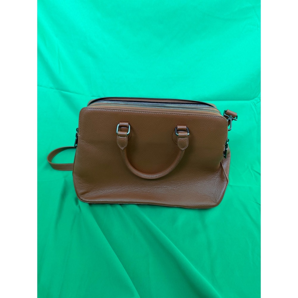 Heshe Brown Pebbled Leather Satchel Triple Compartment Crossbody Bag
